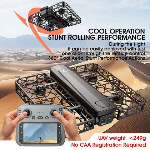 Ultra Foldable Drone With Optical Flow Positioning And 720P HD Camera shown in mid-air with remote control