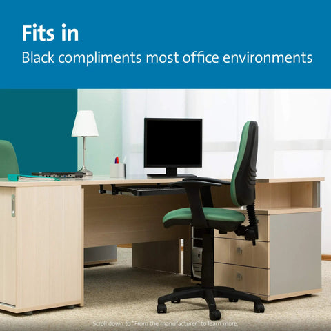 Underdesk Keyboard Drawer Black Smooth Ride Computer Tray Adjustable Mount Four Heights includes workspace setup with green chair.