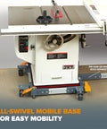 Heavy duty mobile base for power tools with casters underneath a table saw for easy workshop mobility.