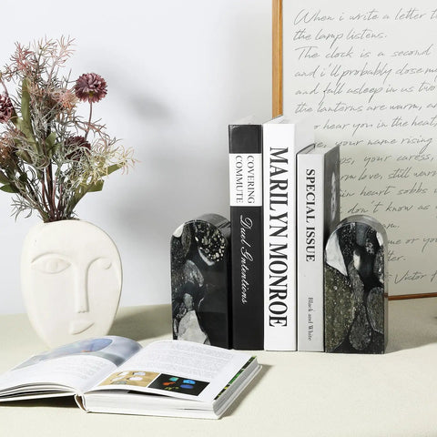 Sturdy Marble Book Ends Set Weighing 7lbs With Non Slip Pads For Stable Shelf Display That Keeps Books CDs And Video Games From Slipping