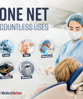 Healthcare worker wearing blue 24 inch disposable bouffant cap in medical environment with various uses like labs, spa, kitchen.