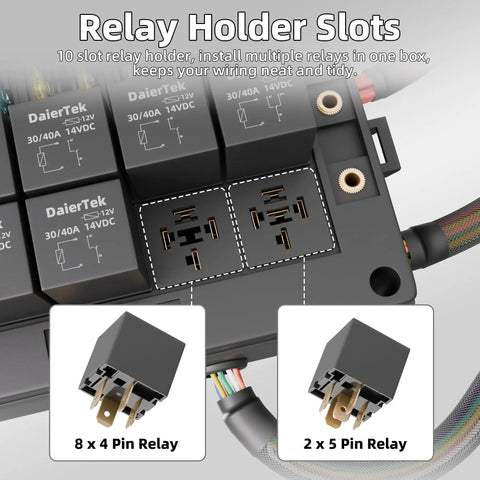 12V 10 Way Relay Box With Prewired Dustproof Fuse Panel showing relay holder slots and plug-in relays for automotive use.