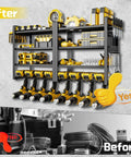 Heavy Duty Power Tool Organizer Wall Mount For Garage With 8 Cordless Drill Holders 4 Tier Metal Shelf For Battery Storage 7 Hooks And Hammer Pliers Holder Rugged Tool Rack For Workshop mounted and filled with tools
