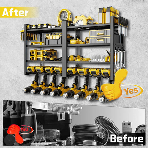 Heavy Duty Power Tool Organizer Wall Mount For Garage With 8 Cordless Drill Holders 4 Tier Metal Shelf For Battery Storage 7 Hooks And Hammer Pliers Holder Rugged Tool Rack For Workshop mounted and filled with tools