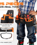 Child wearing 25 Pieces Kids Real Tool Kit With Real Hand Tools For Young Builders Includes Kids Tool Belt And Pouch Bag Magnetic Wristband Safe Steel Tools For DIY Woodworking Home Repair Projects
