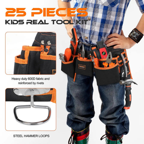 Child wearing 25 Pieces Kids Real Tool Kit With Real Hand Tools For Young Builders Includes Kids Tool Belt And Pouch Bag Magnetic Wristband Safe Steel Tools For DIY Woodworking Home Repair Projects