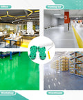 9 Inch Spiked Roller Kit For Self Leveling Concrete And Epoxy Floors Includes 3 Spiked Rollers Roller Stand And Shoes Pro Grade Cement Floor Leveling Tool For Smooth Epoxy And Concrete Finish Yellow shown in various floor settings including office, parking lot, workshop, and warehouse.