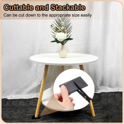 Plastic Shims for Leveling 8 Piece Set Black Wedges Non Slip for Tables Dresser Legs and More Furniture 120 By 50 By 8 Millimeters Durable PP Plastic shown under table leg.