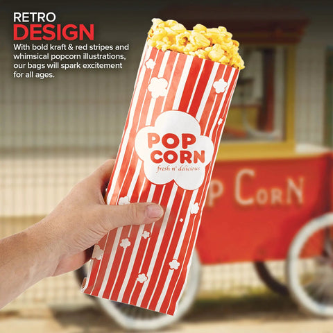Person holding a Large 2 Oz Red And White Paper Popcorn Bag Bulk 100 Pack Disposable Grease Resistant Bags for carnival party vibes.