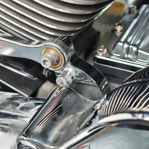 Close-up of Neutral Gear Shift Assist Kit For 2017 And Later Touring M8 And 2018 And Later Softail M8 Motorcycles Left Side Shift Lever Chrome.