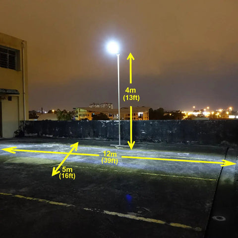 Solar Street Light With Motion Sensor Three Mode Outdoor Lighting For Dusk To Dawn Dim Then Bright Motion Activated Or Full Bright On Demand Perfect For Barns Parking Lots And Driveways Fits Up To 3 Inch Pole Cool White LED 450 To 3750 Lumens illuminating rooftop at night