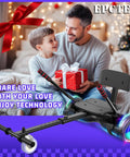 Father and child with gift beside Seat Attachment Kids And Adults Scooter With Adjustable Frame 23.6 To 31.4 Inches