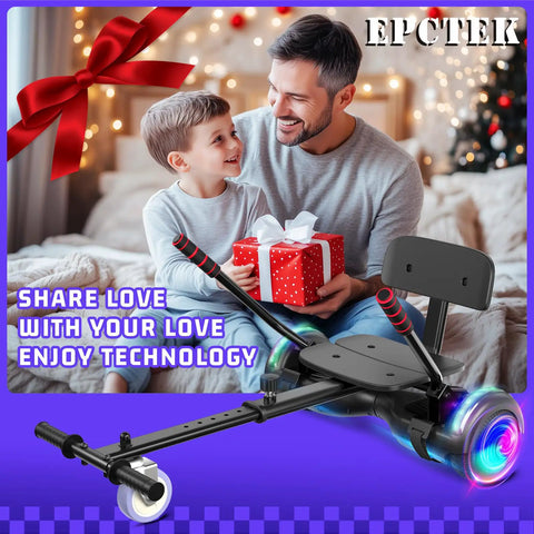 Father and child with gift beside Seat Attachment Kids And Adults Scooter With Adjustable Frame 23.6 To 31.4 Inches