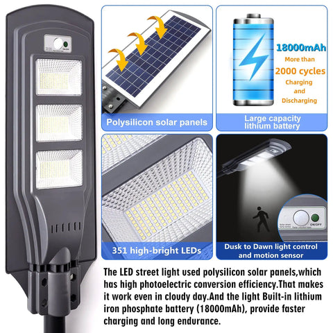 600W Solar Street Light Dusk To Dawn LED With Motion Sensor And Remote, showing solar panel and battery details