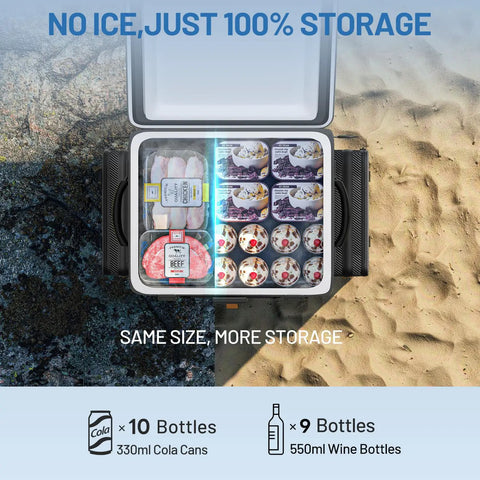 Top Tier Game Changer 12 Volt Portable Freezer And Compressor Cooler With Dual U20 Batteries For Rigs And Road Trips Delivers Sick Chilling Power Straight Up On The Go filled with meats, ice cream, and beverages, showcasing 100% storage capacity.