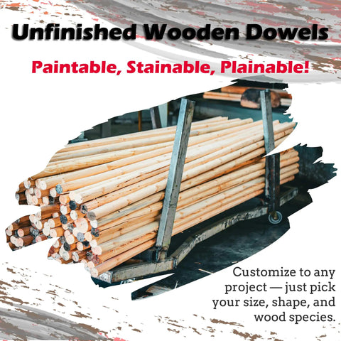 Unfinished Square Wood Dowels 36 Inches Long Pack Of Nine Smooth Sanded Hardwood Craft Sticks stacked on a cart.