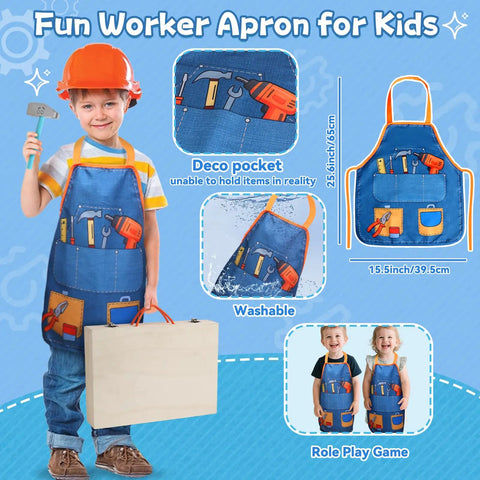 Child wearing worker apron holding toy hammer from Kids Tool Set With Real Drill For Little Builders, Educational Montessori STEM Toys.