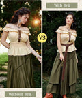 Comparison of a woman in a Renaissance outfit with and without a Badass Medieval Leather Belt For Renaissance Cosplay.