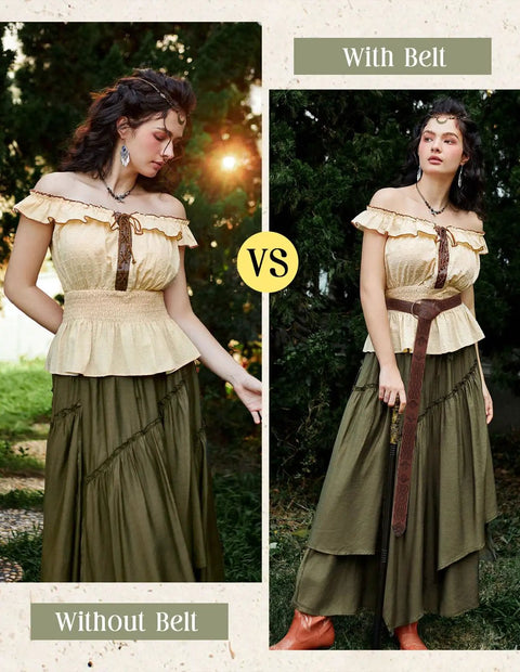 Comparison of a woman in a Renaissance outfit with and without a Badass Medieval Leather Belt For Renaissance Cosplay.