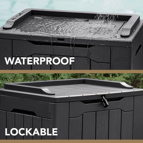 30 Gallon Resin Deck Box Waterproof Outdoor Storage Box For Patio Furniture Pool Accessories Indoor Cushion Storage Garden Tools Extra Seat And Bench Use Durable UV Resistant Resin For Lightweight Easy Organization with water and lock detail