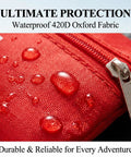 Close-up of water-resistant red first aid kit pouch with zipper, showcasing water droplets on 420D Oxford fabric for durability.