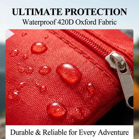 Close-up of water-resistant red first aid kit pouch with zipper, showcasing water droplets on 420D Oxford fabric for durability.