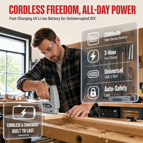 Top Tier 2 In 1 Cordless Electric Staple Gun And Brad Nailer Combo For Quick Woodworking and home fixes being used with safety goggles.
