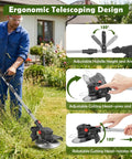 Man using Cordless 24V Weed Wacker With Eight Inch Cutting Head Foldable 3 In 1 Trimmer Edger Mower Side Wheel Assist Two 4Ah Batteries