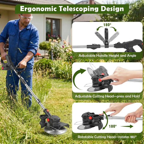 Man using Cordless 24V Weed Wacker With Eight Inch Cutting Head Foldable 3 In 1 Trimmer Edger Mower Side Wheel Assist Two 4Ah Batteries