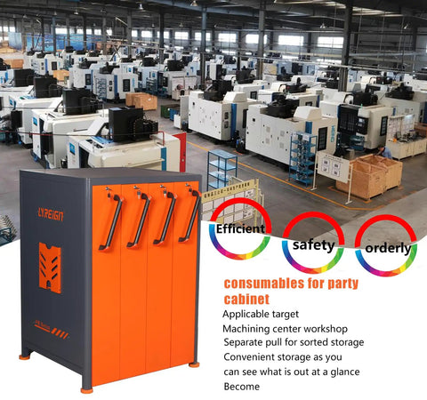 Vertical CNC Tool Drawer Cabinet For Garage And Shop Multi Purpose Tool Storage System Built Tough For Warehouse Or Workshop Durable Steel Frame With ABS Drawers Easy Access Storage Solution, orange steel cabinet in machining workshop