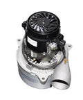 Front view central vacuum motor blower with metal housing, black vented top, wired connections, side exhaust duct