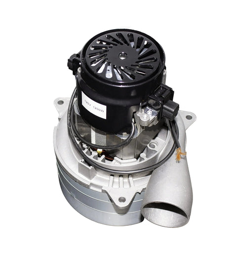 Front view central vacuum motor blower with metal housing, black vented top, wired connections, side exhaust duct