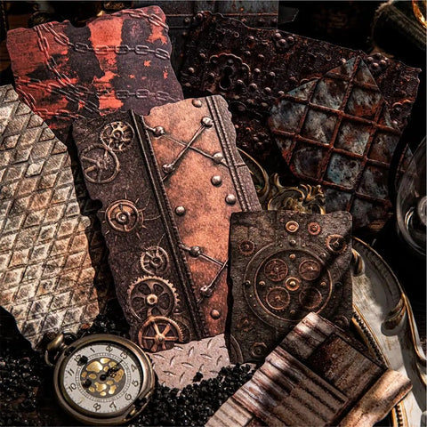 Vintage Steampunk Gears Paper Kit With Embossed Textures For Junk Journals And Card Making, 28 Sheets Across 14 Styles