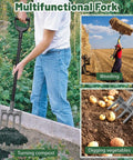 Person using 46 Inch Long Heavy Duty Garden Fork With 35 Inch Metal Handle And 4 Tine Carbon Steel Head for compost turning