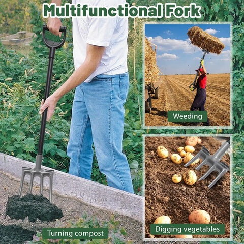 Person using 46 Inch Long Heavy Duty Garden Fork With 35 Inch Metal Handle And 4 Tine Carbon Steel Head for compost turning