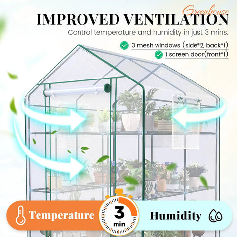 Walk In Outdoor Greenhouse With Thickened Cover And Reinforced Frame, Screen Windows And Mesh Door, 56 By 56 By 77 Inches, Three Tiers And Fourteen Shelves For Seedlings, Easy Access For Gardeners