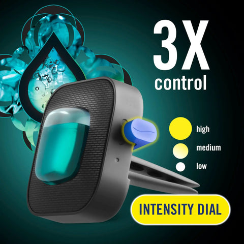 Smart Car Vent Freshener Long Lasting Odor Erasing Clip Set with intensity dial displaying high, medium, and low options.