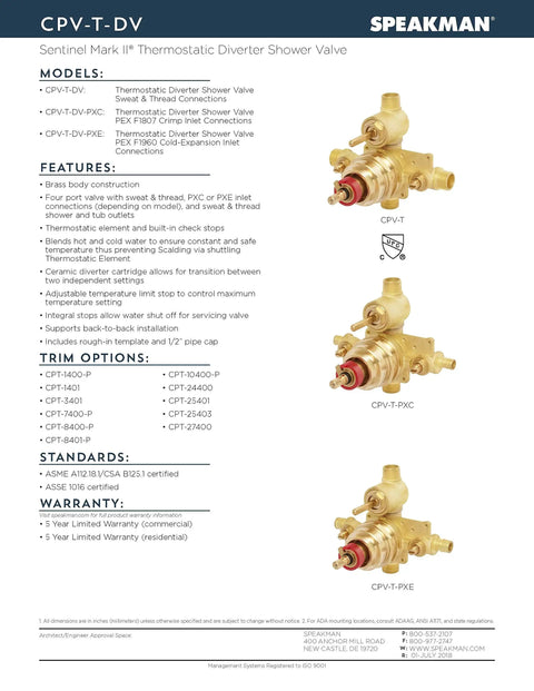 Thermostatic Diverter Shower Valve CPV-T-DV Sentinel Mark II in Rough Brass with Sweat and Thread Connections, side view.