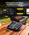 Wireless Meat Thermometer With App Control Four Probes And Unlimited Range set on table near grill with steaks