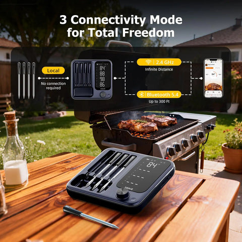 Wireless Meat Thermometer With App Control Four Probes And Unlimited Range set on table near grill with steaks