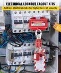Lockout Tagout Kit 42 Piece Safety Set With Padlocks Hasps Tags Ties And Case For Electrical Lockouts installed on breaker panel.