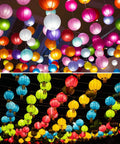 Colorful paper lanterns hanging from the ceiling, possibly supported by Clear Monofilament Fishing Line 0.3mm 131 Yards Nylon String Cord.