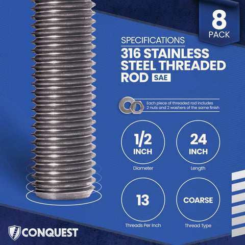 Beefy 316 Stainless Steel Threaded Rod Half Inch Diameter 24 Inch Length Eight Pack With Nuts And Washers UNC Coarse