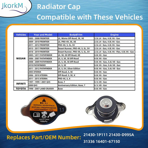 Radiator Cap 108kPa Replacement 21430-1p111 For Nissan Frontier Pathfinder Infiniti Toyota Land Cruiser Xterra Q45 1997 2019 Compatible With Multiple Models, Durable Sealing, Easy Install, Trusted Fit chart and product view