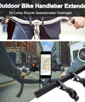 40 cm Aluminum Alloy Bike Handlebar Extender Mount For On The Go Riders shown on urban street with phone and speedometer mounted.