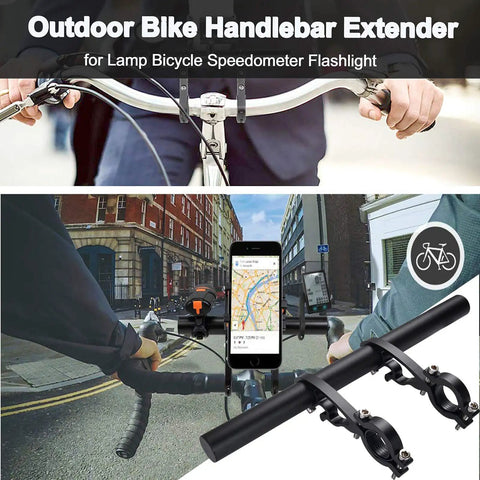 40 cm Aluminum Alloy Bike Handlebar Extender Mount For On The Go Riders shown on urban street with phone and speedometer mounted.