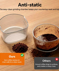 Hardcore Conical Burr Coffee Grinder With 51 Precise Settings, Automatic Bean Crusher, bright grinding chamber with coffee grounds.