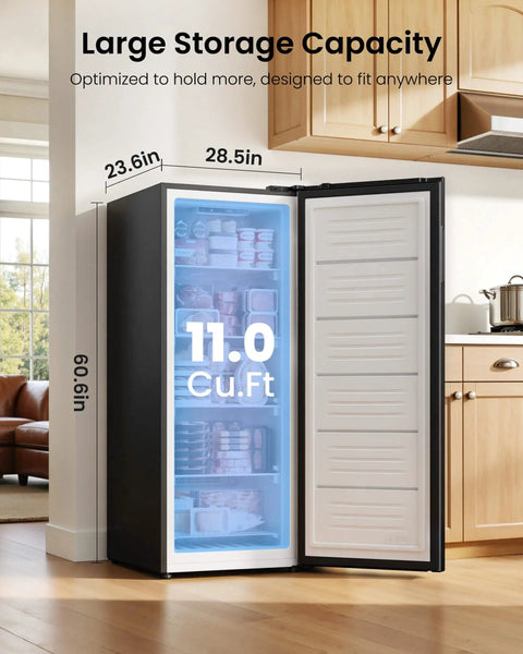 Massive 11 Cu Ft 4 In 1 Convertible Upright Freezer And Refrigerator With Durable Glass Shelves in modern kitchen setting.