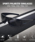 Polarized Sports Sunglasses For Men And Women Featuring Uv400 Lens Shield Cutting Glare, black wraparound sunglasses on textured surface.