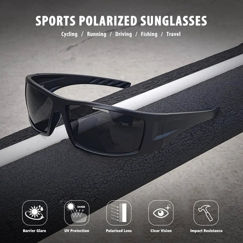 Polarized Sports Sunglasses For Men And Women Featuring Uv400 Lens Shield Cutting Glare, black wraparound sunglasses on textured surface.